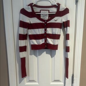 Hollister Women's Vintage Y2K Burgundy and Cream Striped Cardigan